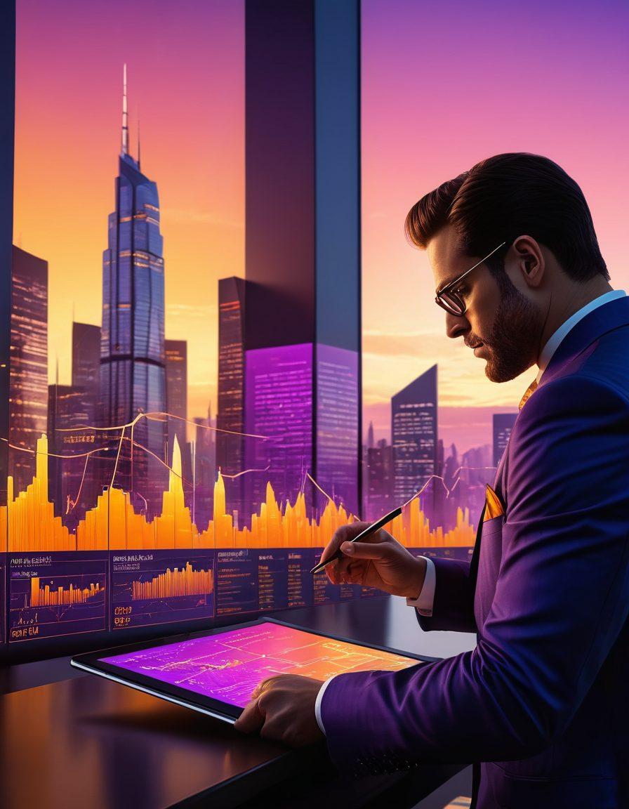 A sleek city skyline at sunset, with vibrant colors reflecting on glass buildings and a dynamic stock market graph overlaying the scene. In the foreground, a confident trader analyzing charts on a digital tablet, surrounded by symbols of wealth like gold coins and stock certificates. The atmosphere should convey a sense of success and ambition. super-realistic. vibrant colors. 3D.