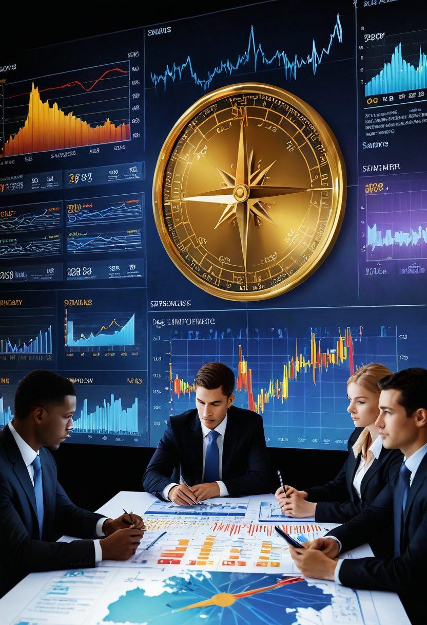 An intricate illustration of a diverse group of business professionals analyzing financial graphs and charts on digital screens, surrounded by symbols of wealth like gold coins and stock market tickers. Include elements like a compass and a road map symbolizing navigation through the markets. The atmosphere should convey focus and determination. modern, super-realistic, vibrant colors.