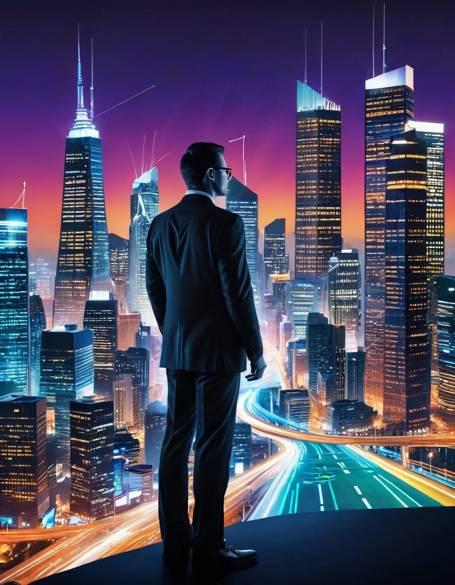 A dynamic scene depicting a confident investor standing at a crossroads, one path leading to a solid foundation of financial books and tools, and the other towards a futuristic skyline representing technical advancements in investment. Include visual elements like charts, graphs, and glowing currency symbols to symbolize growth and innovation. Use warm, motivating colors to inspire confidence and ambition. super-realistic. vibrant colors. 3D.